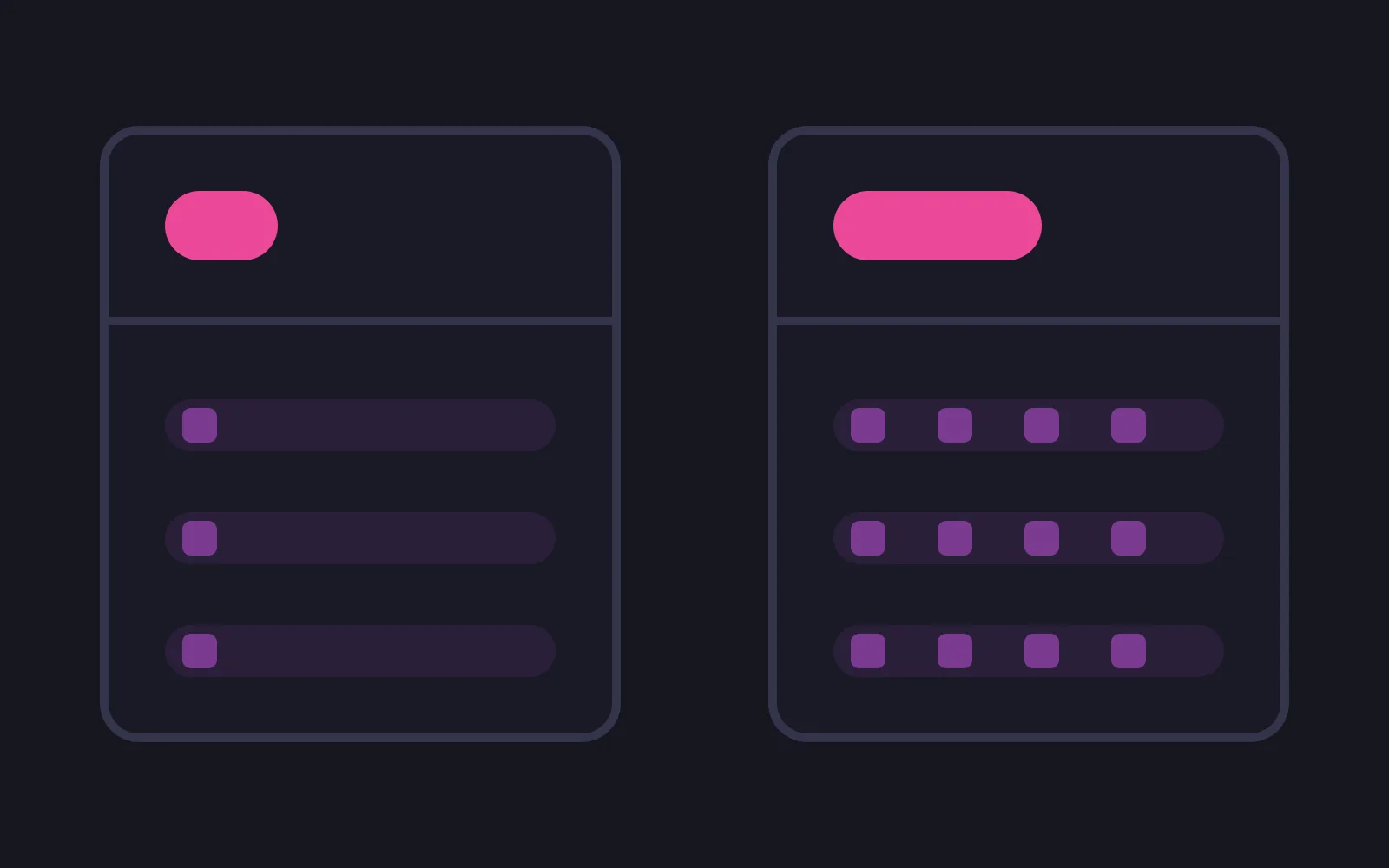 Two listing cards side by side holding the same three rows, the left topped by a short deep pink badge with one chip per row, the right by a wider badge with four chips per row