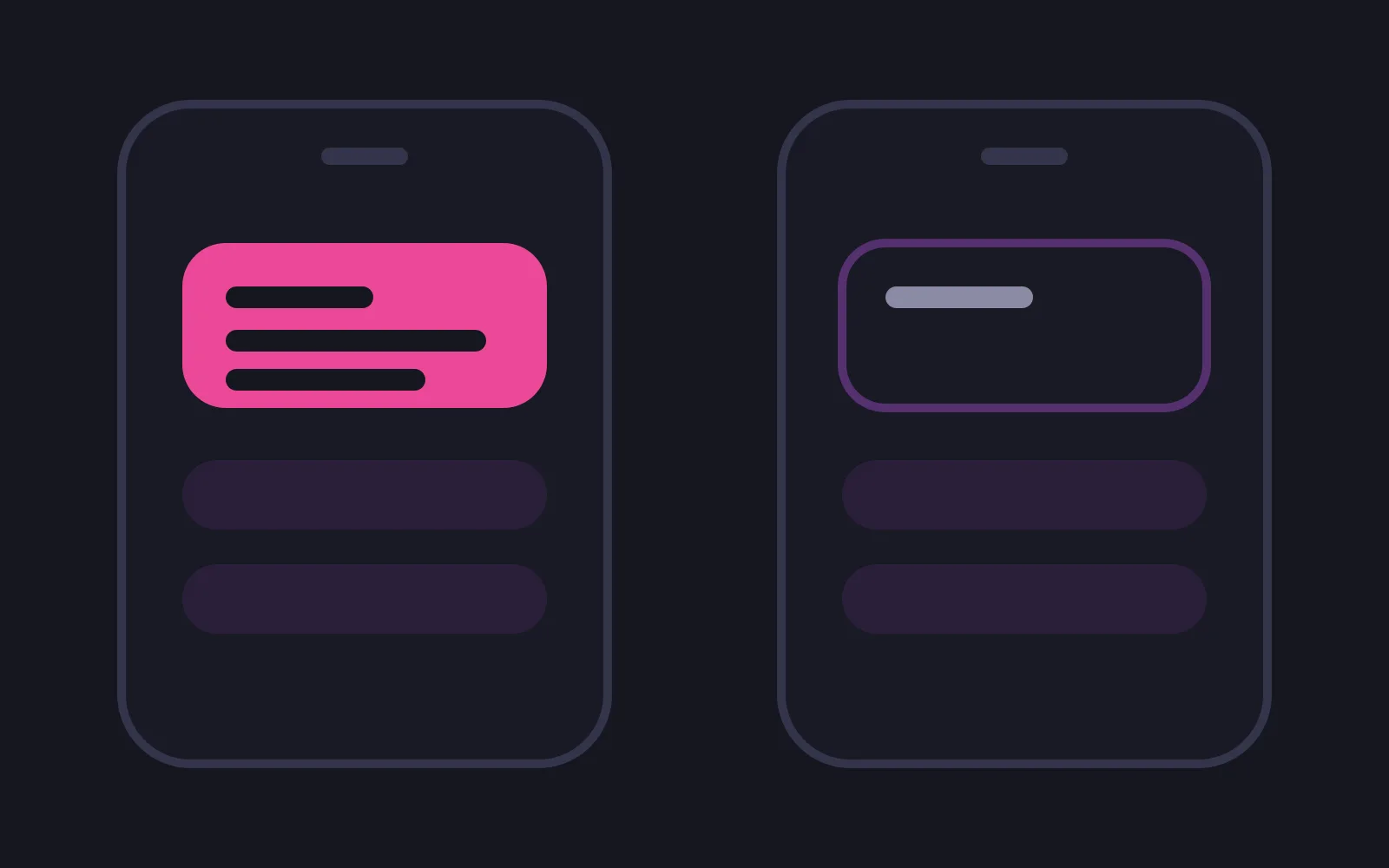 Two phone frames side by side: the left one shows a deep-coloured notification band filled with three lines of content, the right one shows the same band outlined and empty except for a short muted bar