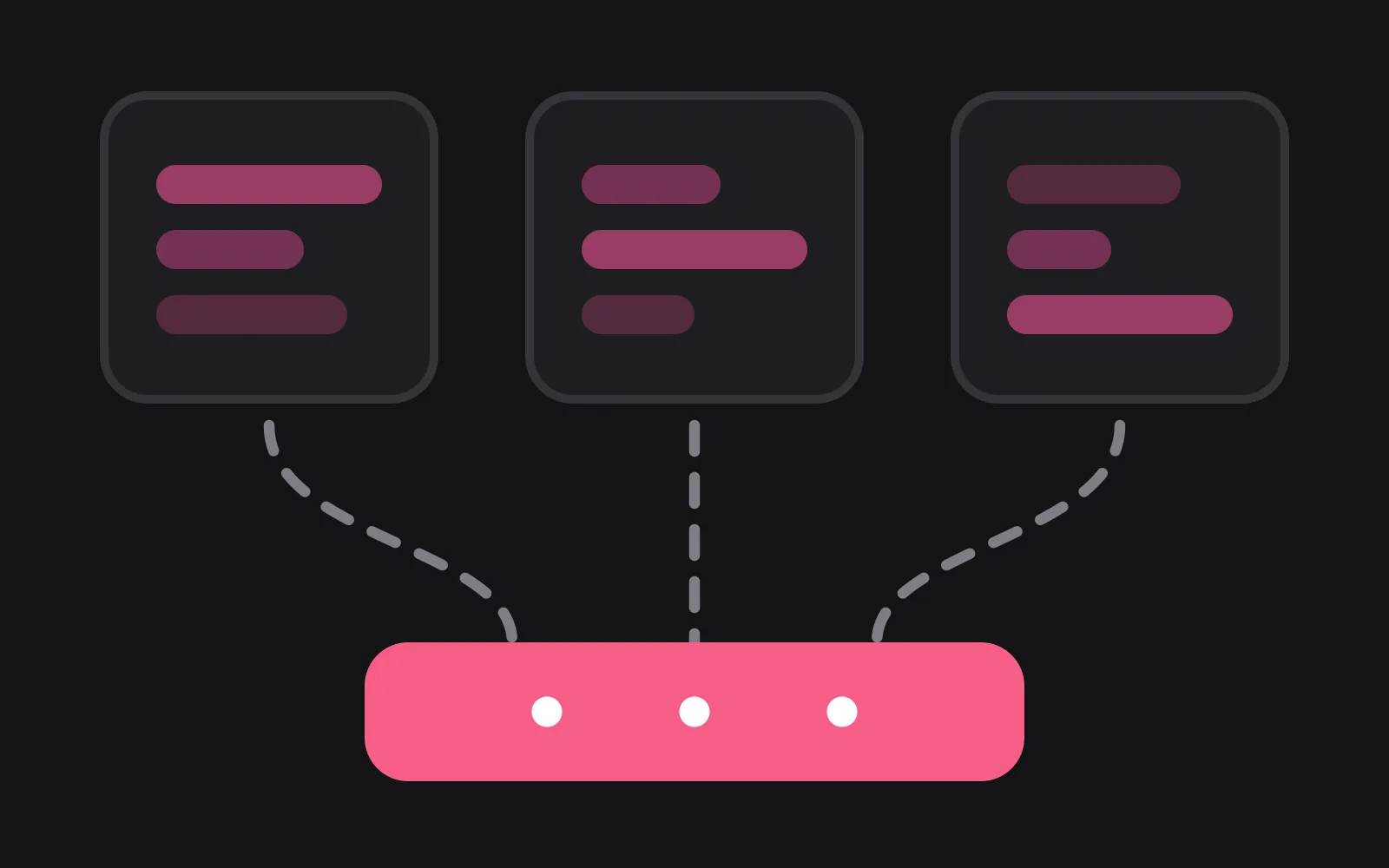 Three separate setting cards in a row, dashed lines running down from each into one shared deep-pink store below them