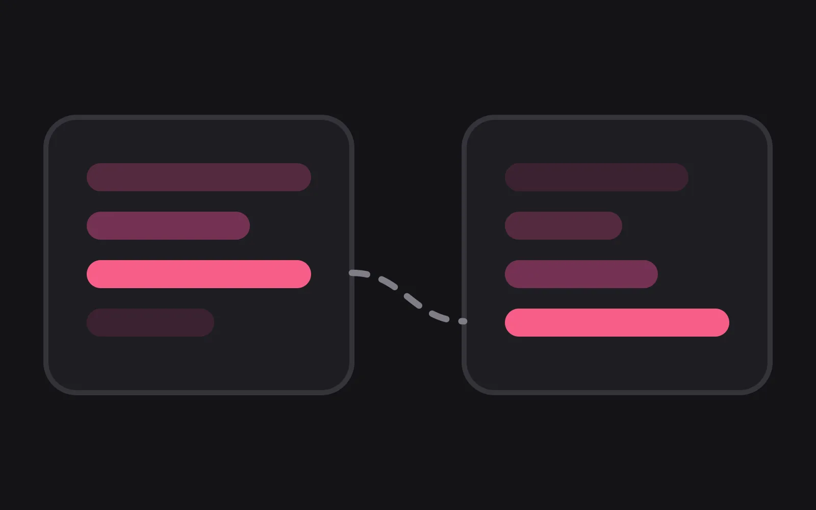 Two setting cards side by side, each holding a stack of pale bars, with one deep-pink bar appearing in both and a dashed line curving from one to the other