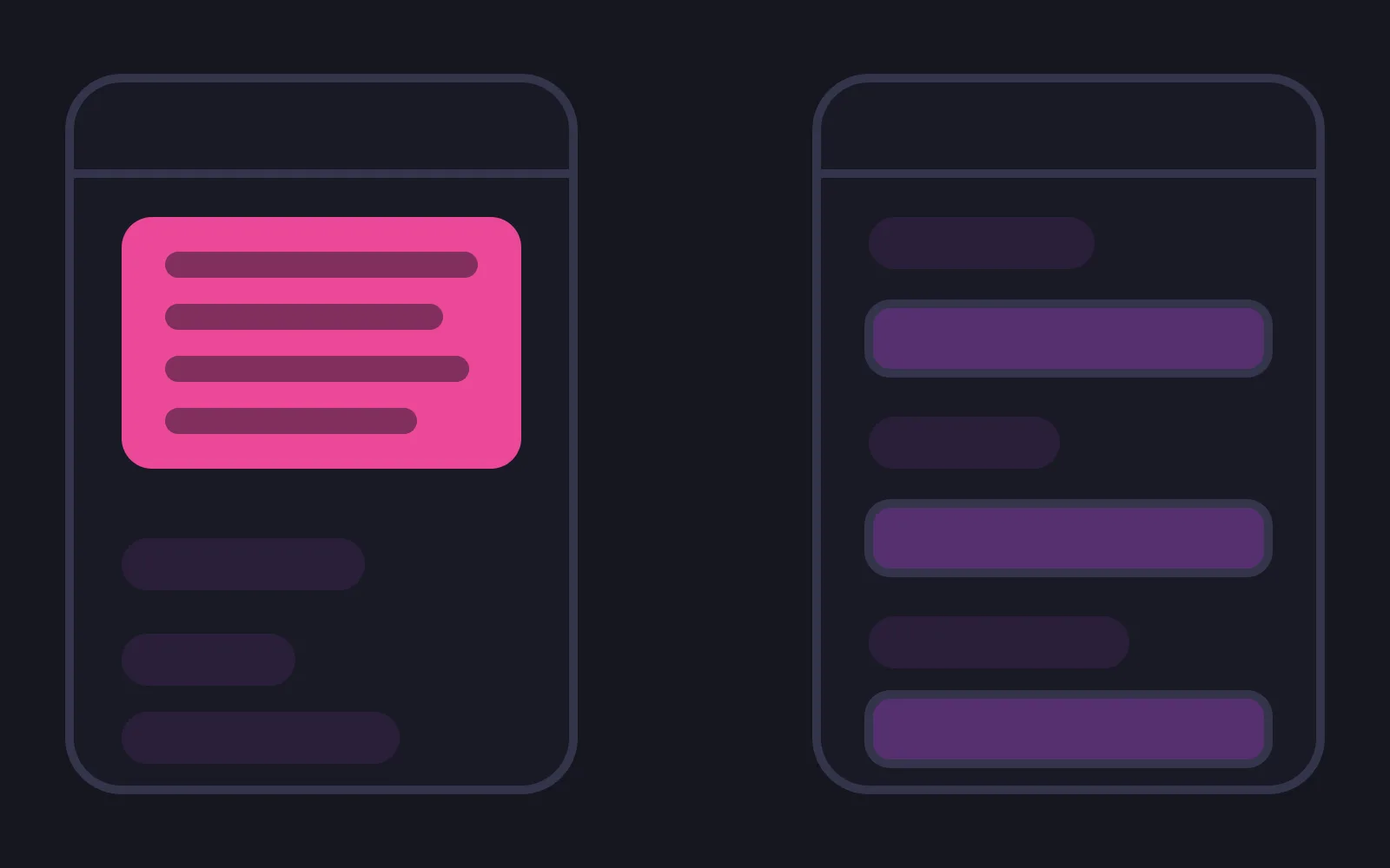 Two phone frames: the left holds one deep pink block of four request rows at the top of an otherwise quiet screen, the right has the same four requests spaced down the screen between short pale message bubbles