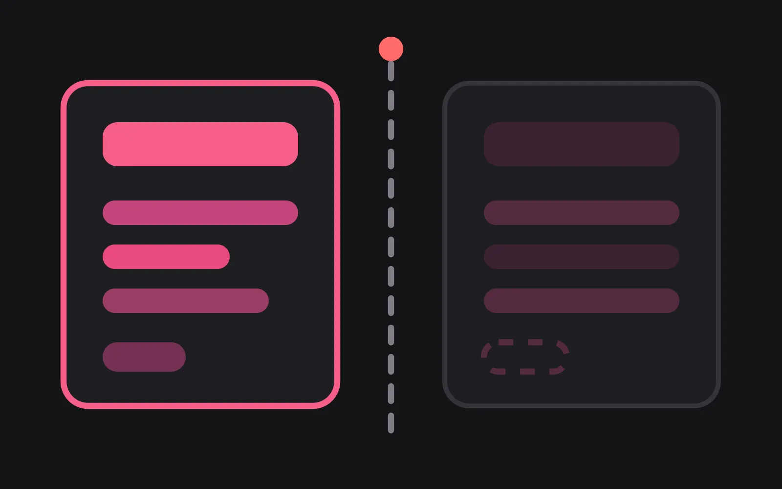 Two character-setting cards either side of a dashed vertical line, the left one holding bars of different lengths in deep pink, the right one the same slots flattened to equal pale bars
