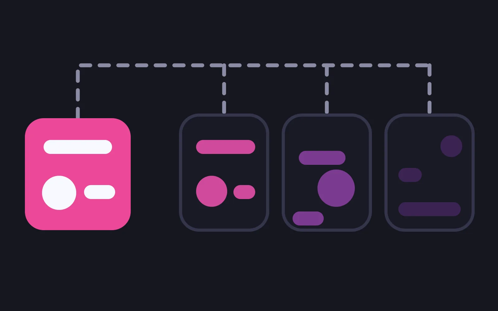 One deep-pink reference card on the left, dashed lines running to three picture frames whose inner shapes drift further out of place
