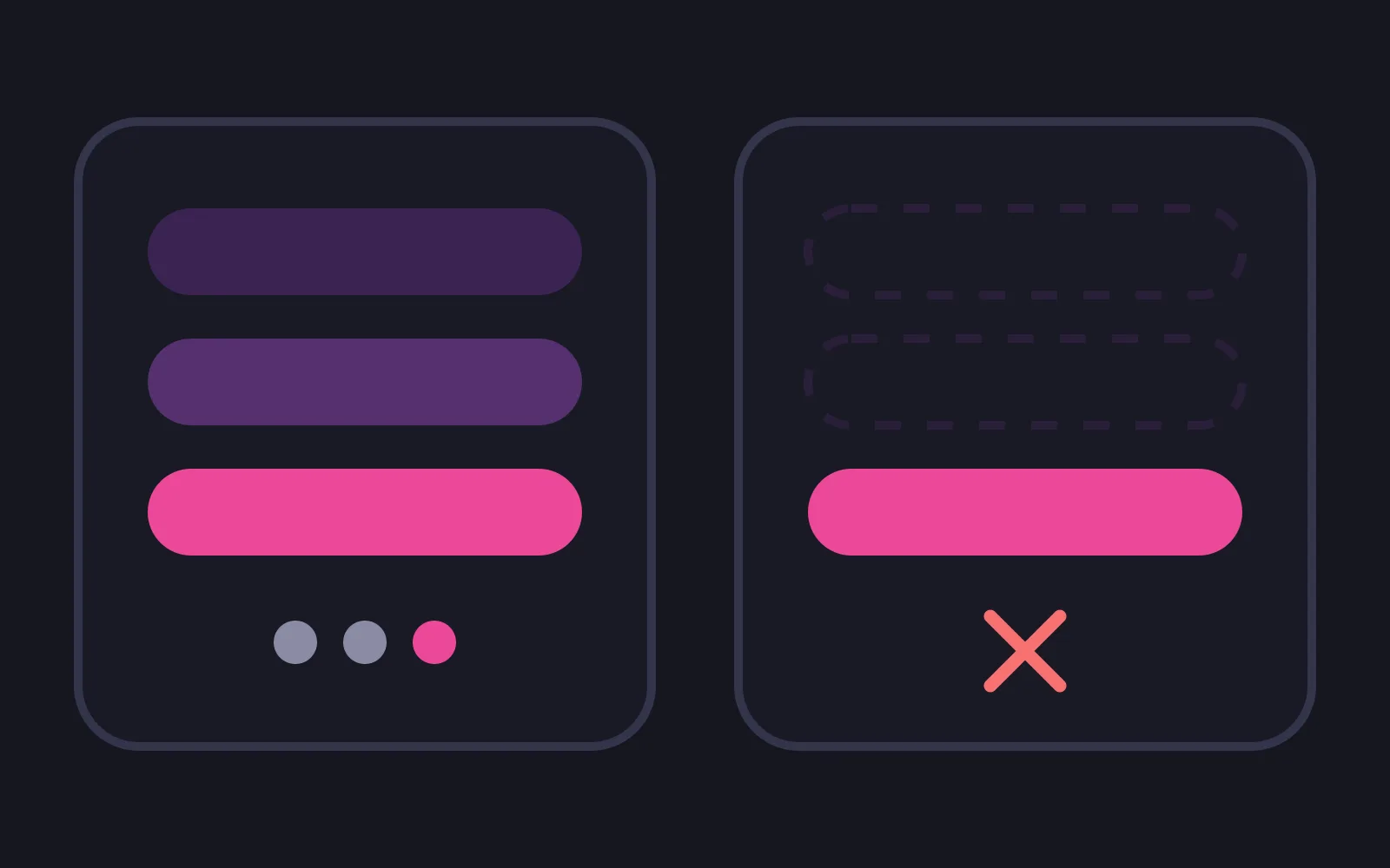 Two side-by-side panels: the left holds three stacked reply bars with three pager dots beneath it, the right holds one solid bar under two empty dashed outlines and a red cross