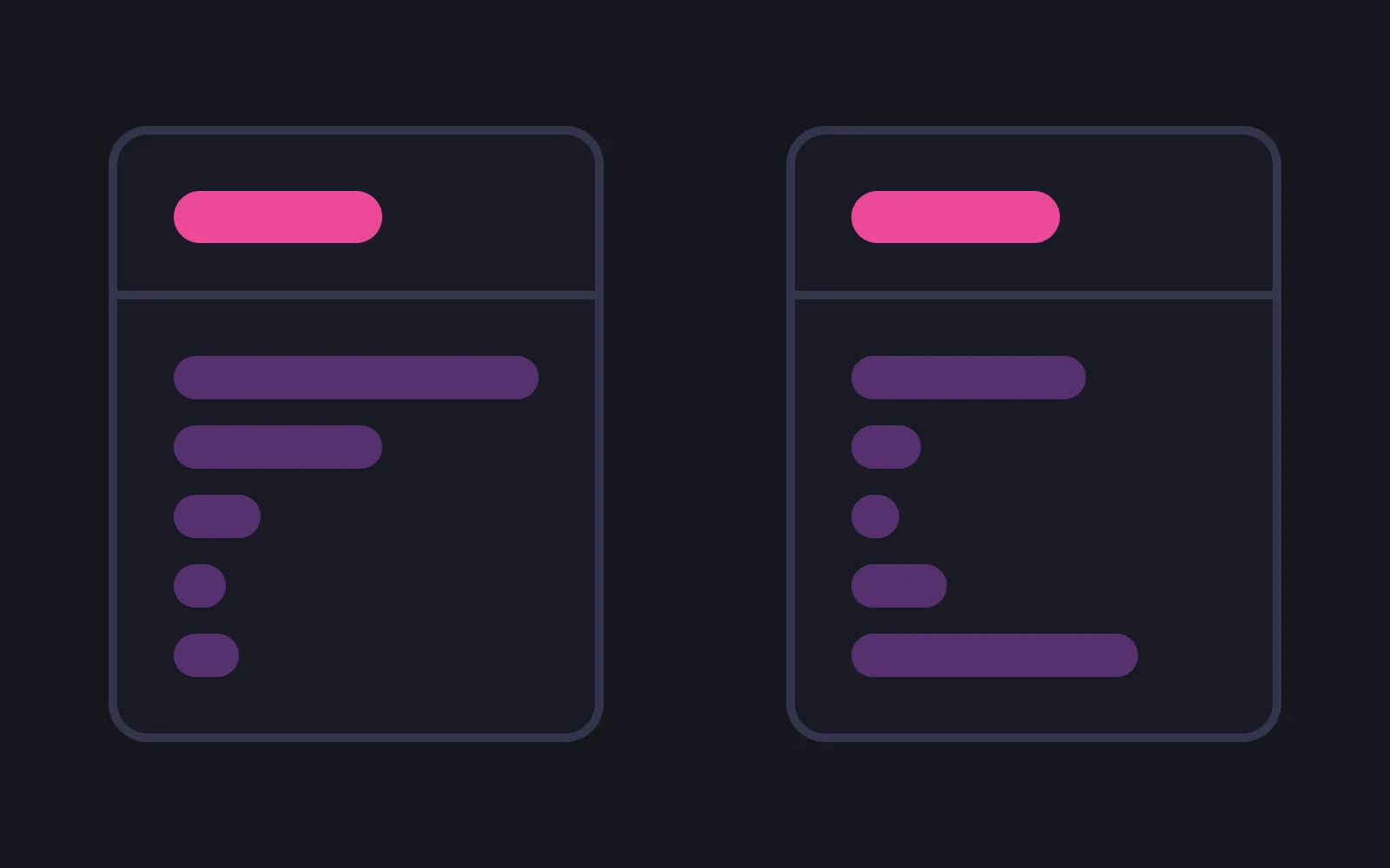 Two listing cards side by side, each topped by an identical short deep pink bar, with five pale bars beneath stacked top-heavy in the first card and bottom-heavy in the second
