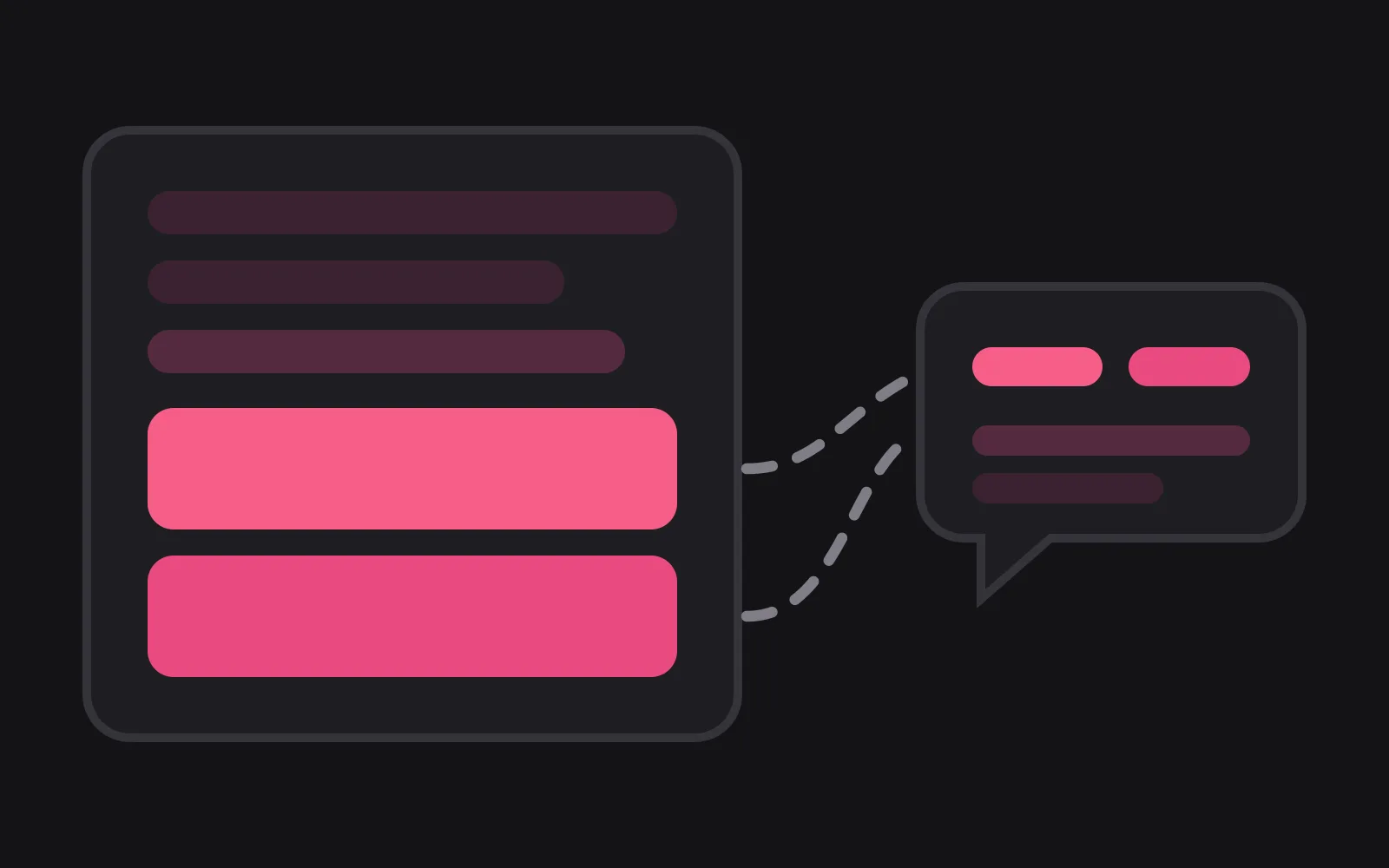 A setup panel of pale fields with two deep-coloured text boxes, dashed lines carrying both of them into a chat bubble at the right