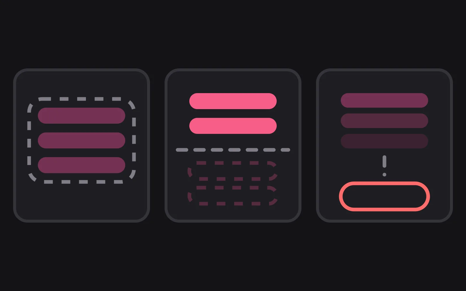 Three panels: a full memory stack sealed inside a dashed boundary, a stack cut by a dashed line with only the top two entries filled in deep colour, and a stack fading down a dashed line into an empty outlined box