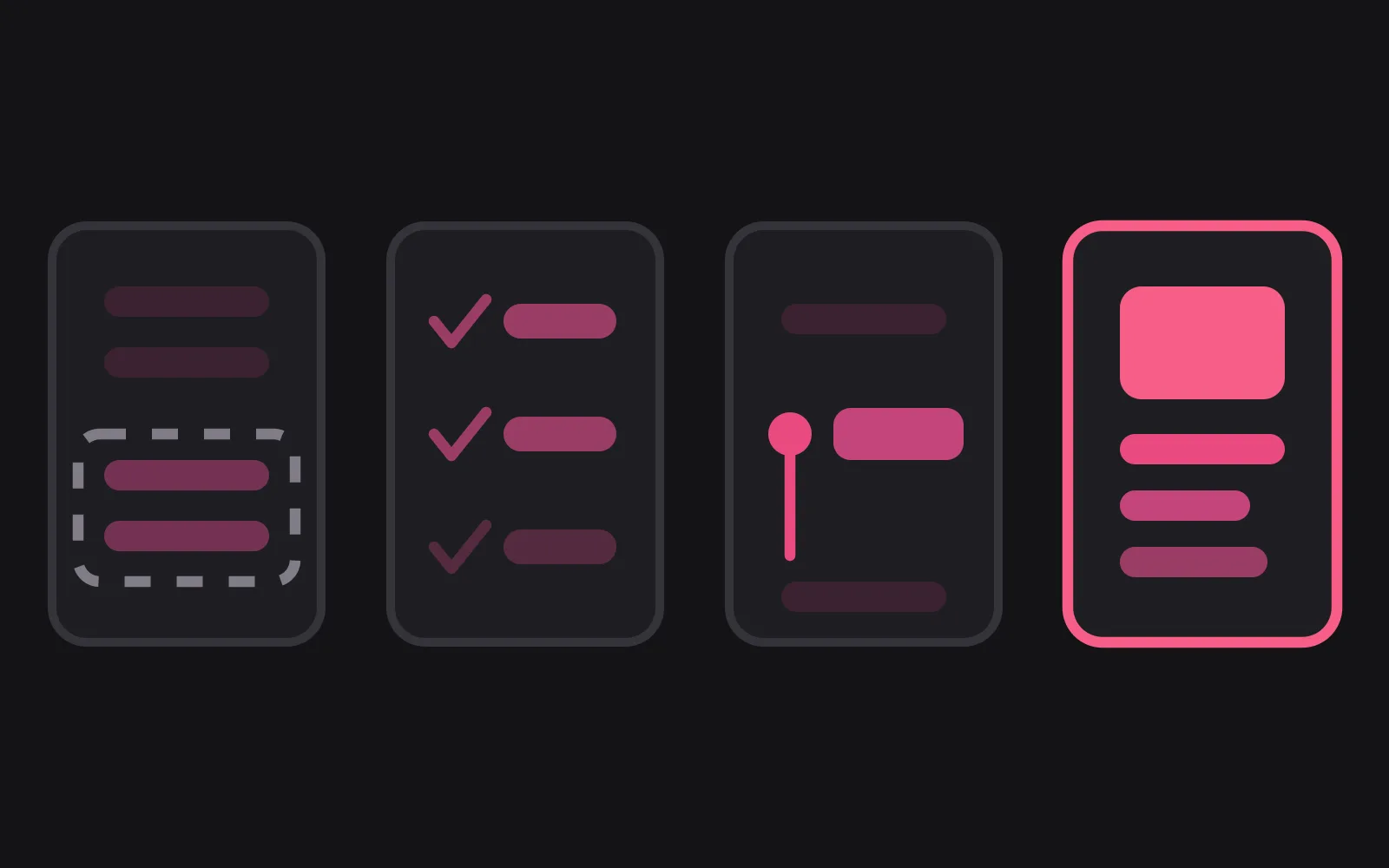 Four panels in a row, each with a different simple diagram: a window framing the most recent messages, a checklist of saved facts, one pinned line held in place, and a profile card