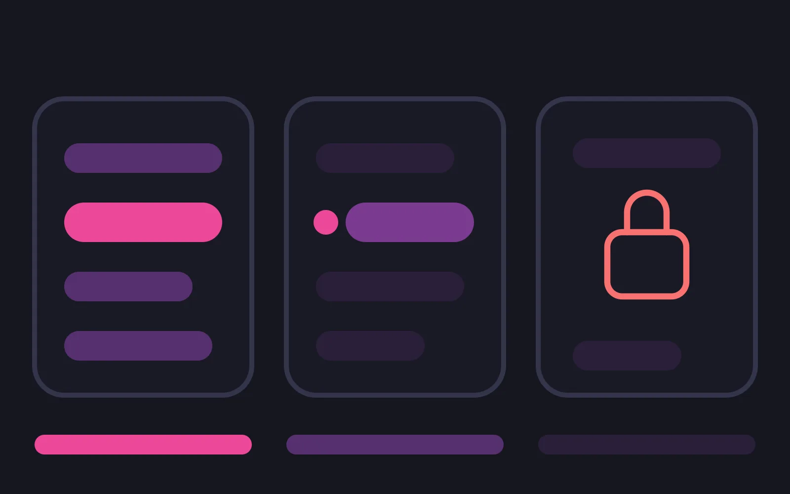 Three panels side by side: a list with one entry deep-coloured and open for editing, a list with one entry marked by a dot and held in place, and a closed panel with a red outlined padlock, each over a bar that fades from deep to pale