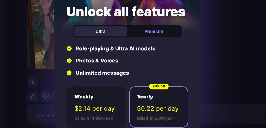 Botify upgrade screen for the Ultra plan listing role-play models, photos and voices and unlimited messages, billed $14.99 a week or $79.99 a year