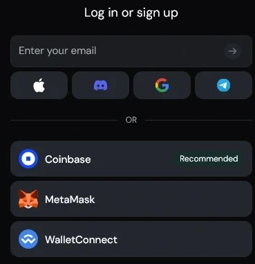 Log-in window with an email field, Apple, Discord, Google and Telegram buttons, then Coinbase, MetaMask and WalletConnect